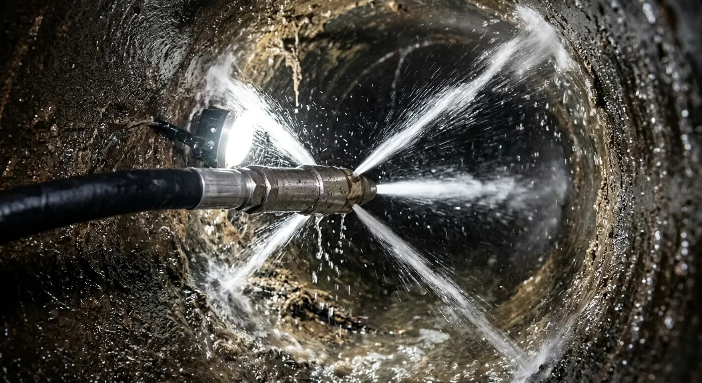 High-pressure hydro jetting nozzle cleaning sewer pipe for Emergency Drain Service in Milton