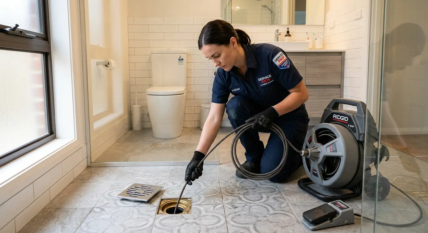 Technician clearing a bathroom floor drain for Clogged Drain Repair in Milton